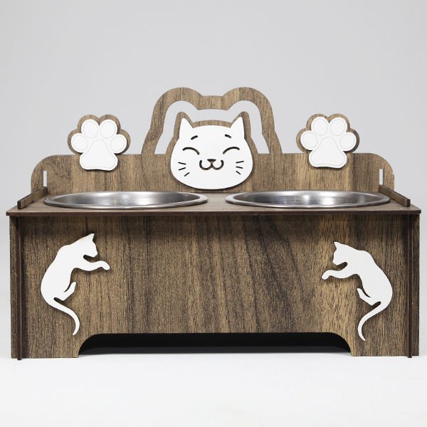 Petzz Ahşap Kedi Mama ve Su Kabı Seti Kahverengi 2x300 Ml 9 Cm