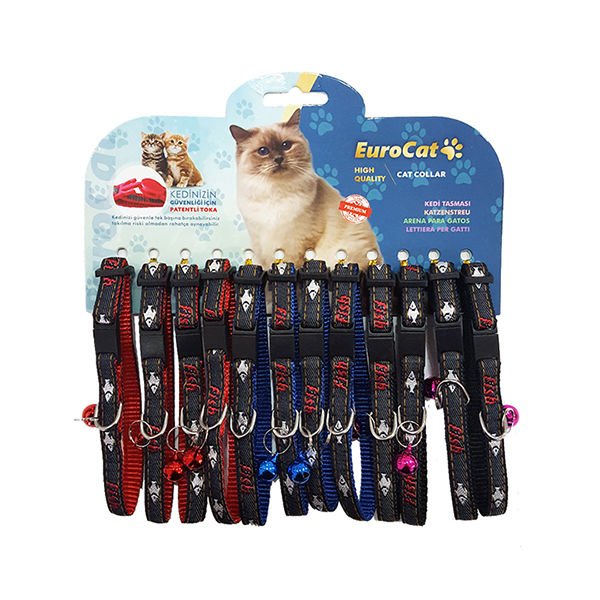 Euro Cat Balık Desenli Çıngıraklı Kedi Boyun Tasması Kırmızı/Mavi/Siyah 12 Adet 1 Mm 28 Cm