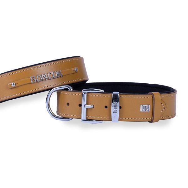 Doggie Konfor Deri İsimlikli Köpek Boyun Tasması Small Camel 4x47-55 Cm