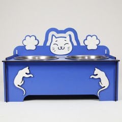 Petzz Ahşap Kedi Mama ve Su Kabı Seti Mavi 2x300 Ml 9 Cm