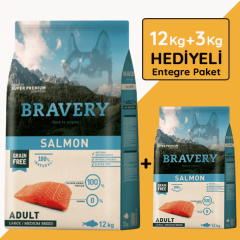 Bravery Orta ve Büyük Irk Somonlu Tahılsız Yetişkin Köpek Maması 12 Kg (+3 Kg Hediyeli)