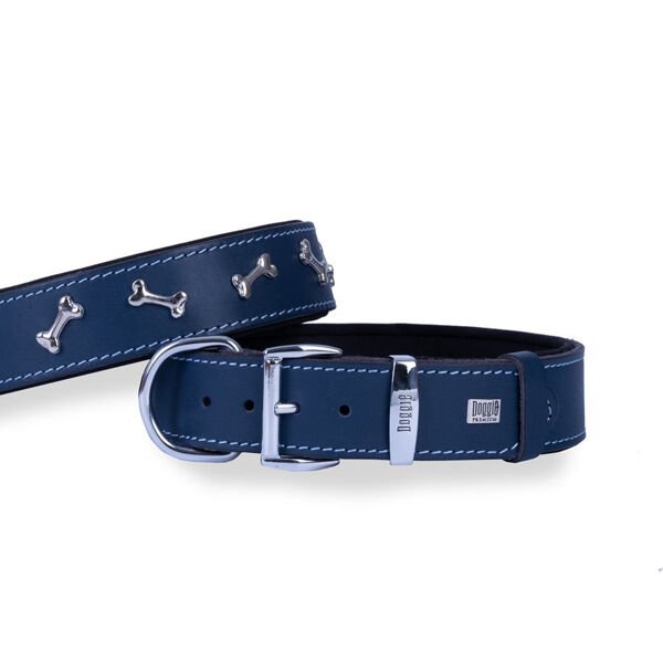 Doggie Comfort Deri Kemik Süslü Köpek Boyun Tasması Medium Mavi 4x52-60 Cm