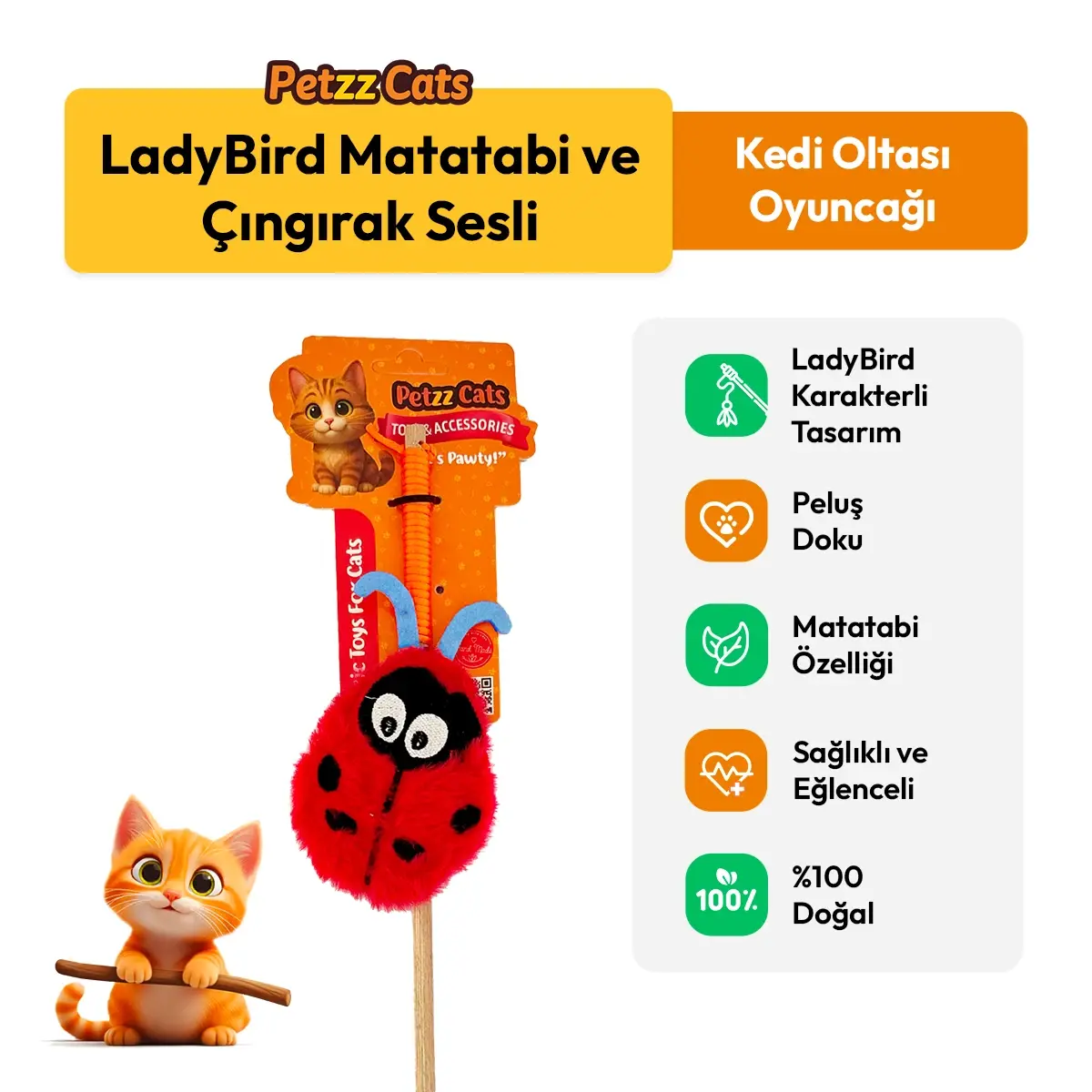 PetzzCats LadyBird Matatabi ve Çıngırak Sesli Kedi Oltası Oyuncağı Kırmızı/Mavi 42 Cm