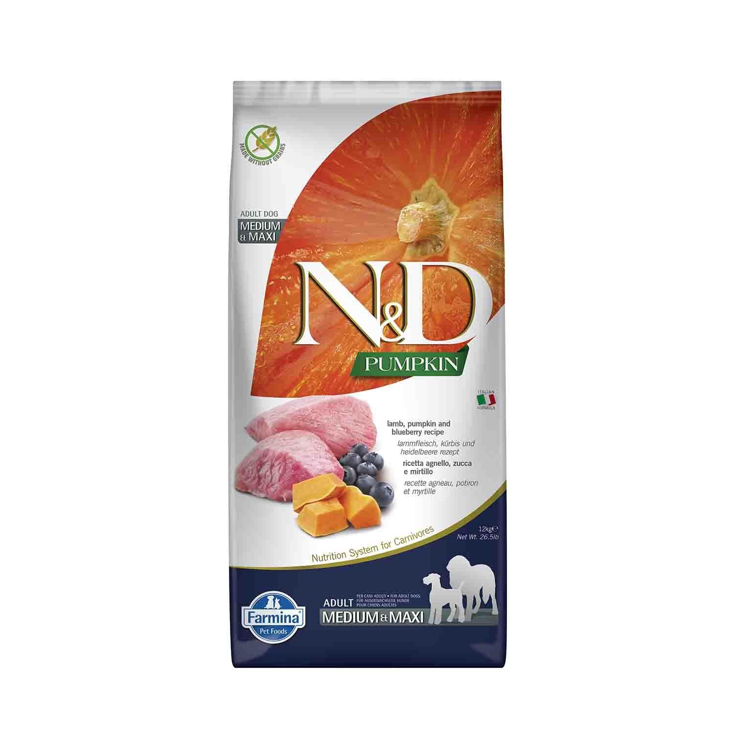 N&D Pumpkin Tahılsız Kuzu Etli Yaban Mersinli Orta ve Büyük Irk Yetişkin Köpek Maması 12 kg