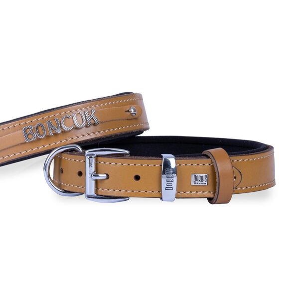 Doggie Konfor Deri İsimlikli Köpek Boyun Tasması Medium Camel 3.5x47-55 Cm