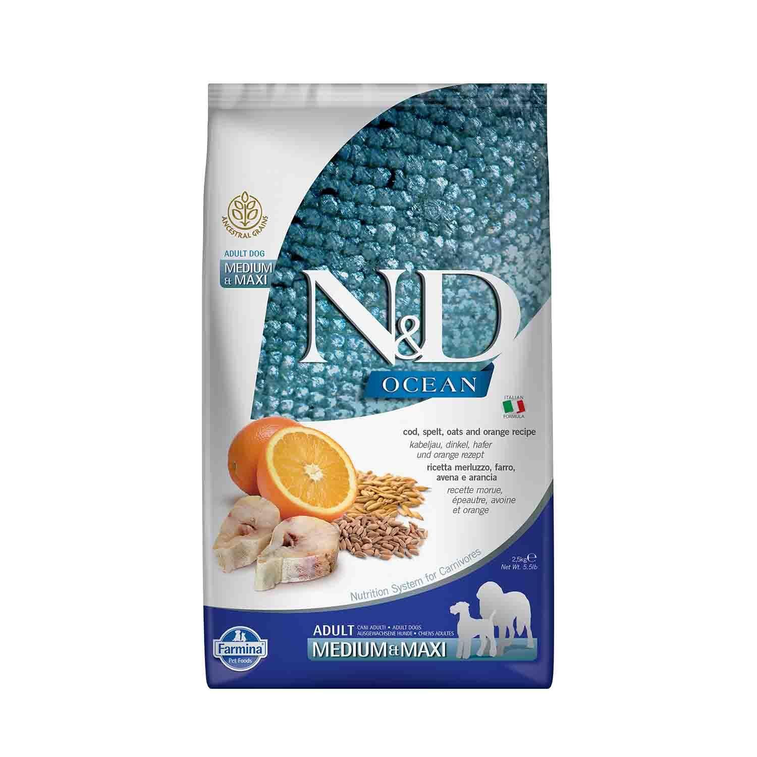 N&D Ocean Düşük Tahıllı Balıklı ve Portakallı Orta ve Büyük Irk Yetişkin Köpek Maması 2,5 kg