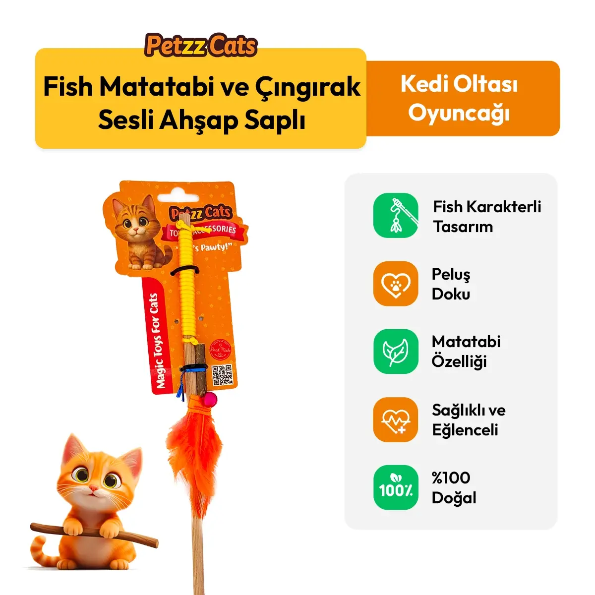 PetzzCats Fish Matatabi ve Çıngırak Sesli Ahşap Saplı Kedi Olta Oyuncağı Sarı 42 Cm