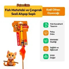 PetzzCats Fish Matatabi ve Çıngırak Sesli Ahşap Saplı Kedi Olta Oyuncağı Sarı 42 Cm