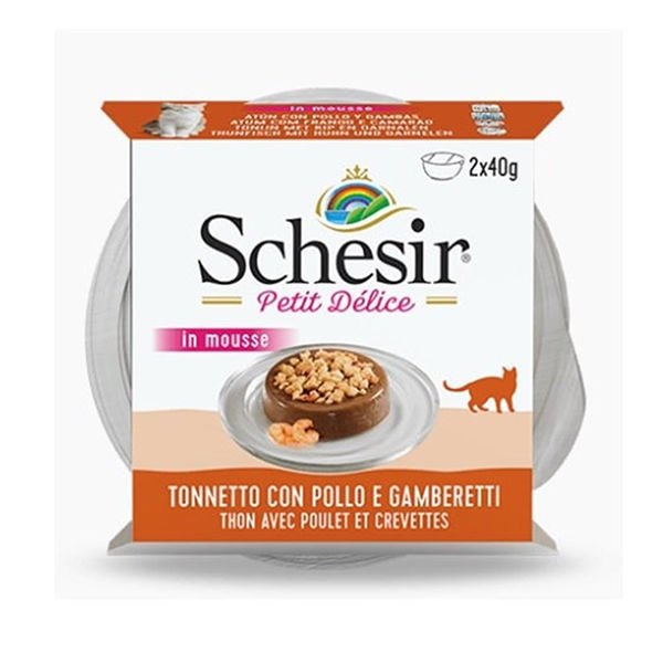 Schesir Delice Tuna Balıklı Tavuklu ve Karidesli Yetişkin Konserve Kedi Maması 2 Adet 40 Gr