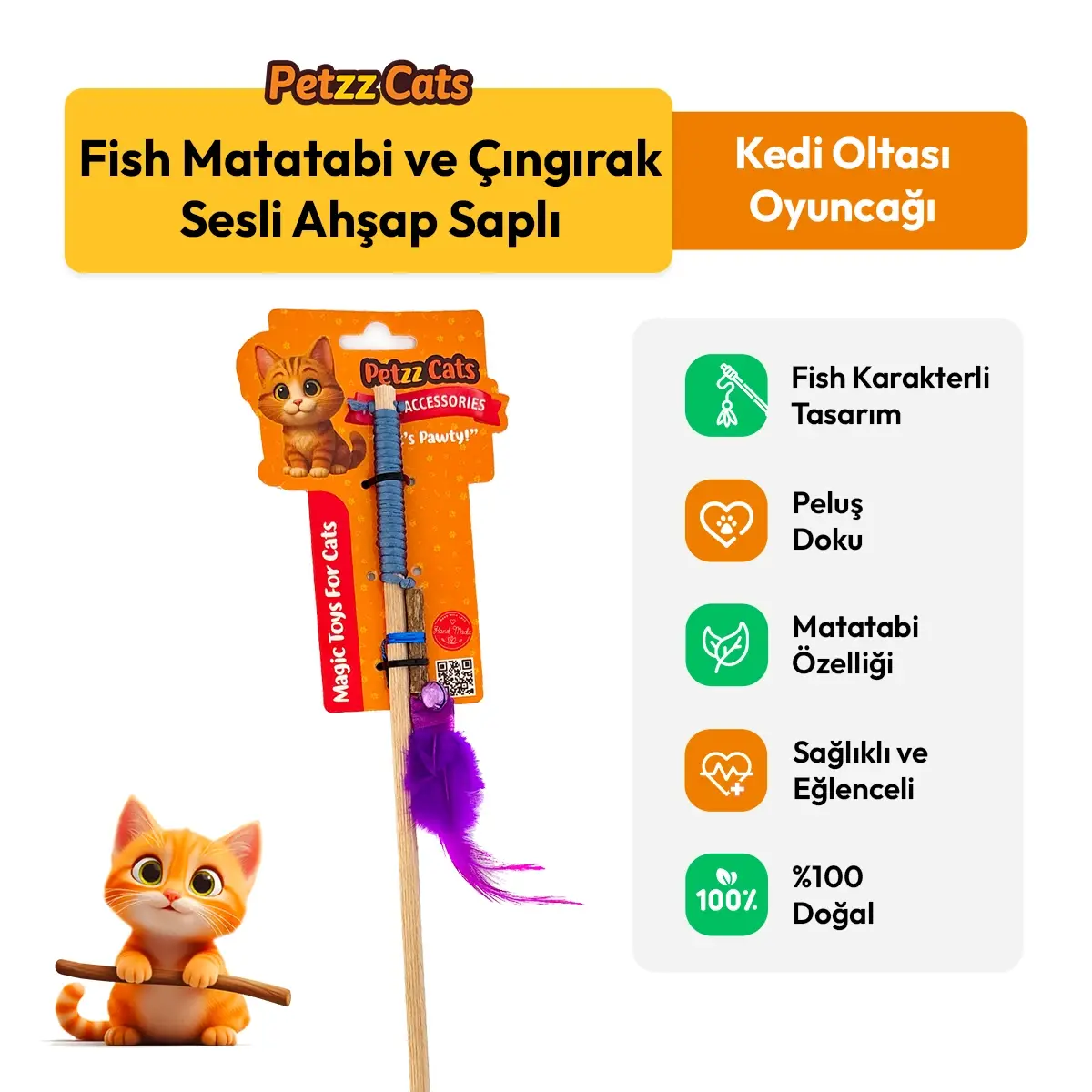 PetzzCats Fish Matatabi ve Çıngırak Sesli Ahşap Saplı Kedi Olta Oyuncağı Mavi 42 Cm