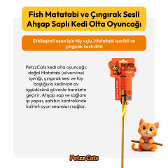 PetzzCats Fish Matatabi ve Çıngırak Sesli Ahşap Saplı Kedi Olta Oyuncağı Kırmızı 42 Cm