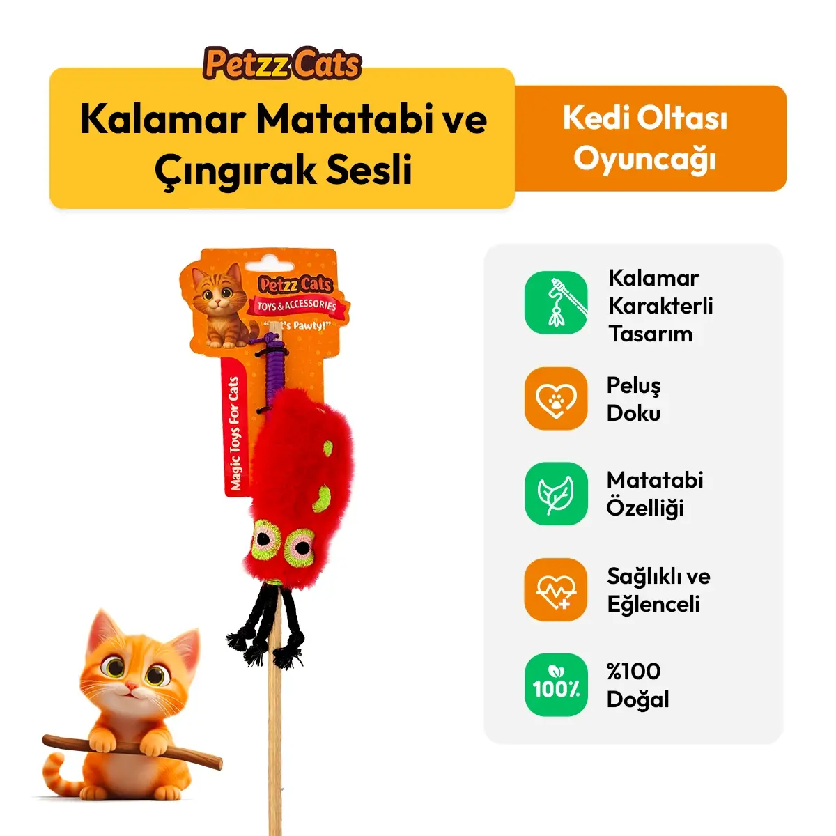 PetzzCats Kalamar Matatabi ve Çıngırak Sesli Kedi Oltası Oyuncağı Turuncu 42 Cm