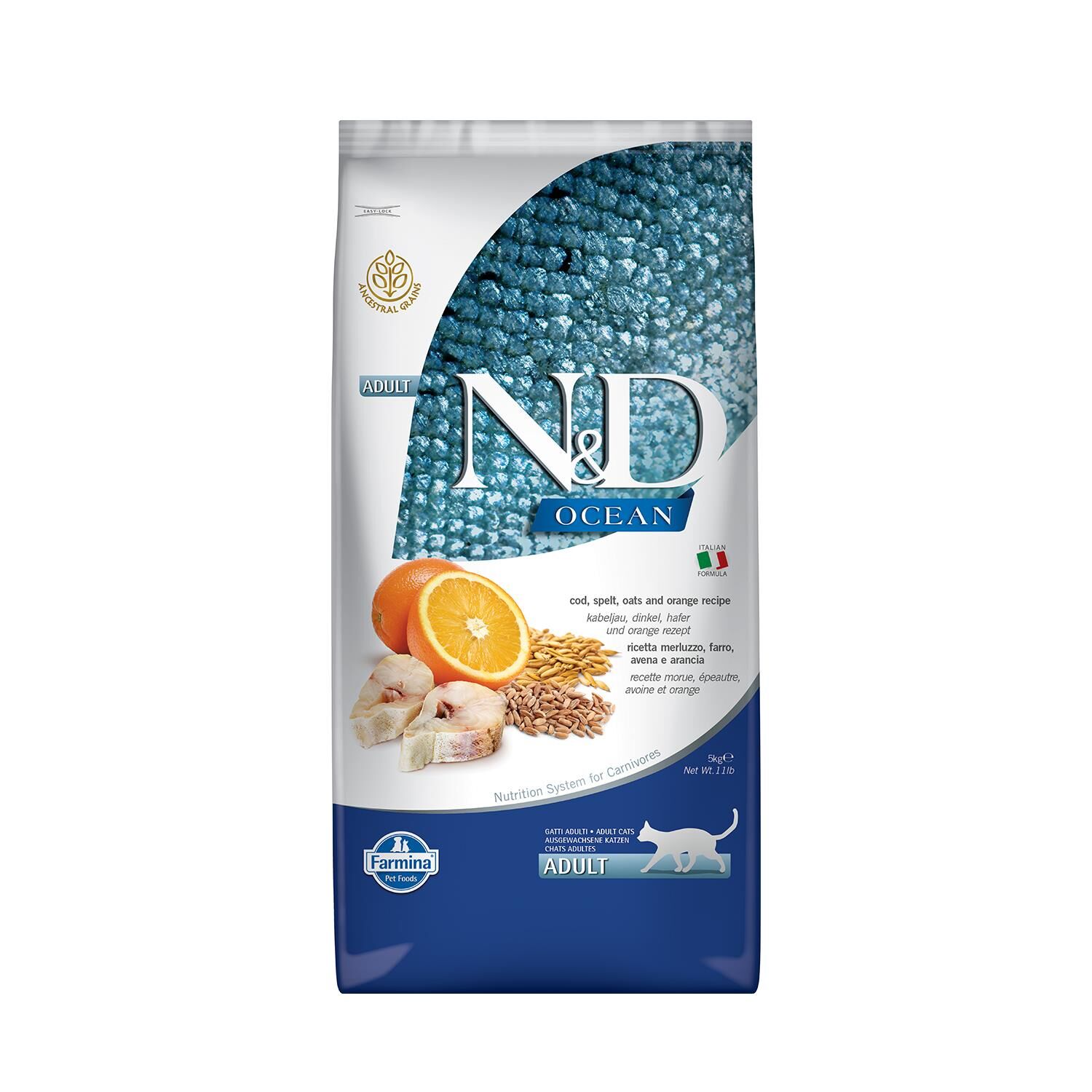 N&D Ocean Düşük Tahıllı Morina Balıklı Portakallı Yetişkin Kedi Maması 5 kg