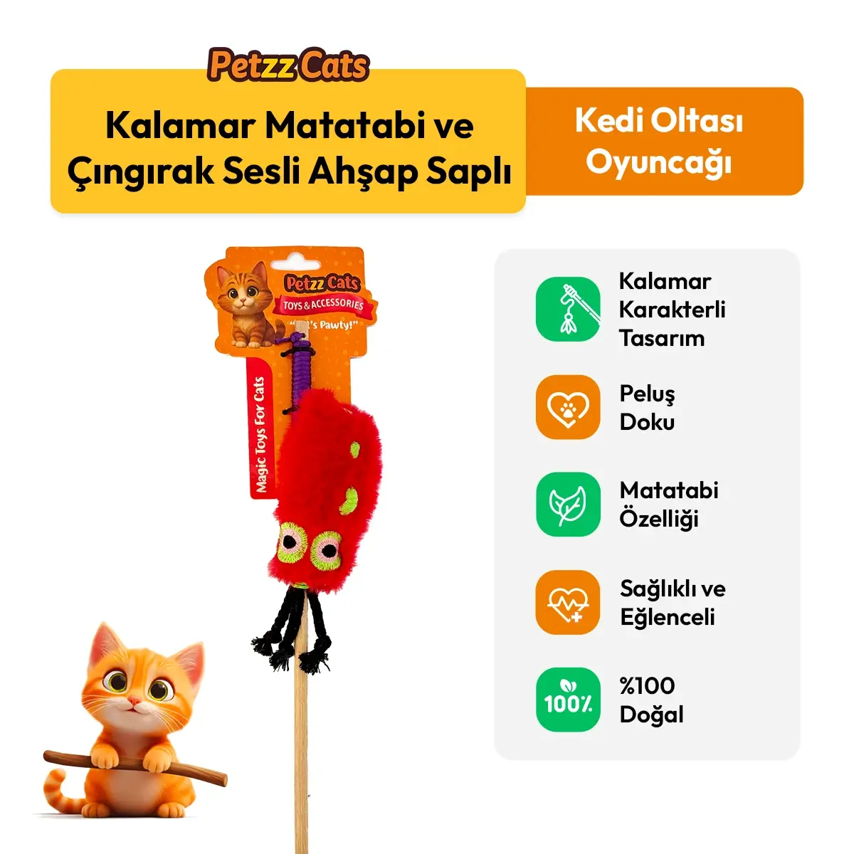 PetzzCats Kalamar Matatabi ve Çıngırak Sesli Kedi Oltası Oyuncağı Kırmızı 42 Cm