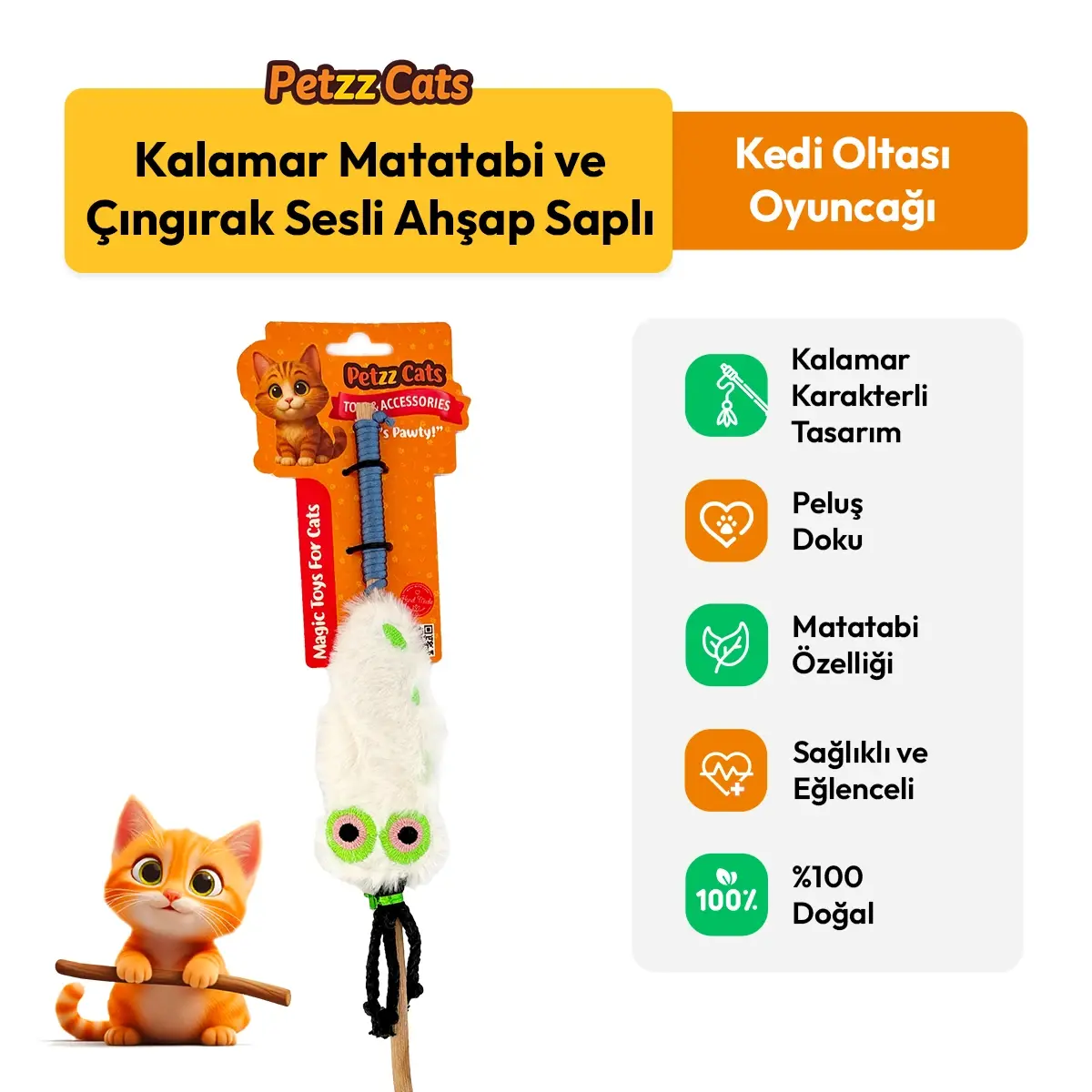 PetzzCats Kalamar Matatabi ve Çıngırak Sesli Kedi Oltası Oyuncağı Beyaz 42 Cm