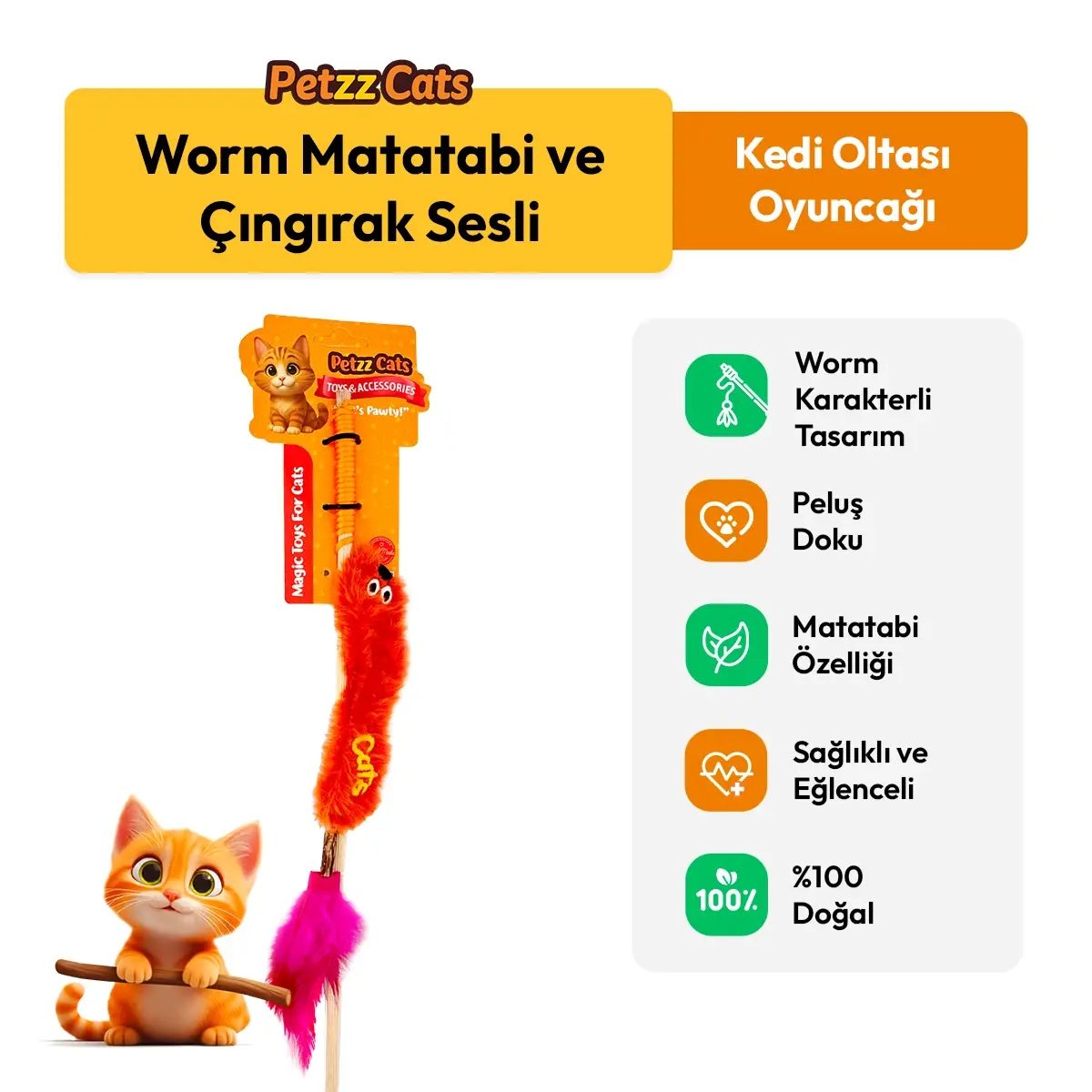 PetzzCats Worm Matatabi ve Çıngırak Sesli Kedi Oltası Oyuncağı Turuncu 42 Cm