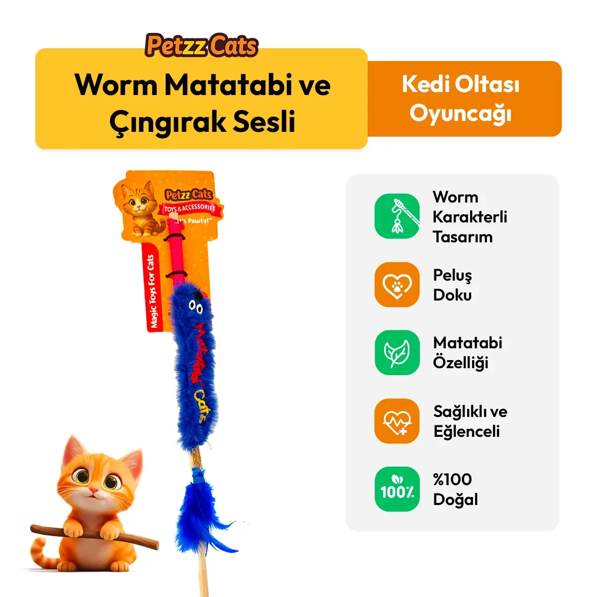 PetzzCats Worm Matatabi ve Çıngırak Sesli Kedi Oltası Oyuncağı Mavi 42 Cm