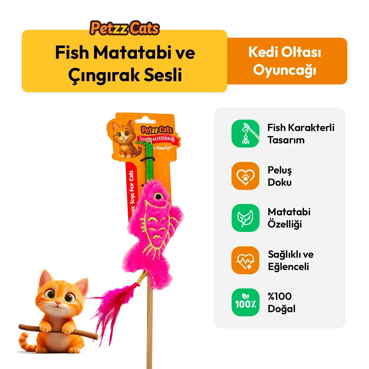 PetzzCats Fish Matatabi ve Çıngırak Sesli Kedi Oltası Oyuncağı Pembe 42 Cm