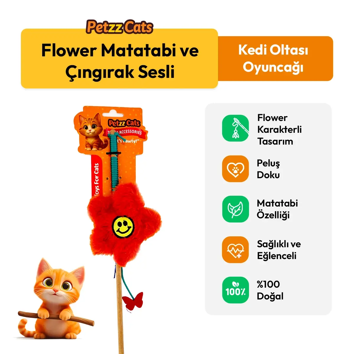 PetzzCats Flower Matatabi ve Çıngırak Sesli Kedi Oltası Oyuncağı Kırmızı 42 Cm