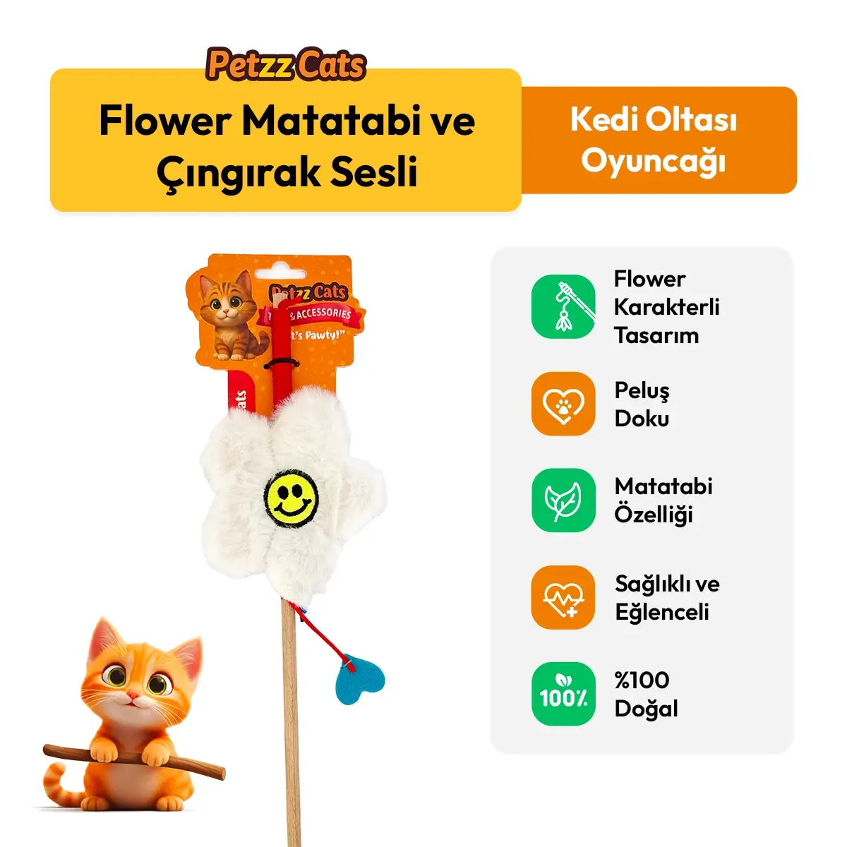 PetzzCats Flower Matatabi ve Çıngırak Sesli Kedi Oltası Oyuncağı Beyaz 42 Cm