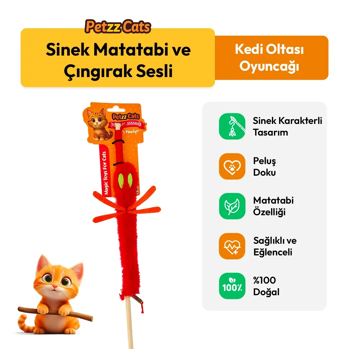 PetzzCats Sinek Matatabi ve Çıngırak Sesli Kedi Oltası Oyuncağı Kırmızı 42 Cm