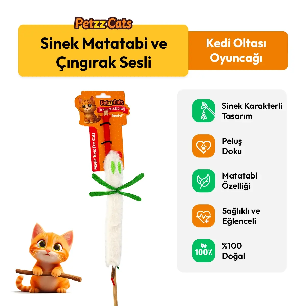 PetzzCats Sinek Matatabi ve Çıngırak Sesli Kedi Oltası Oyuncağı Beyaz 42 Cm