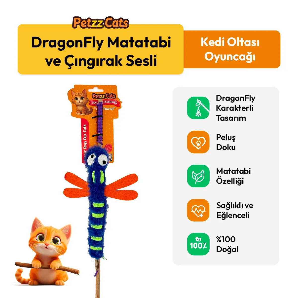 PetzzCats DragonFly Matatabi ve Çıngırak Sesli Kedi Oltası Oyuncağı Mavi 42 Cm
