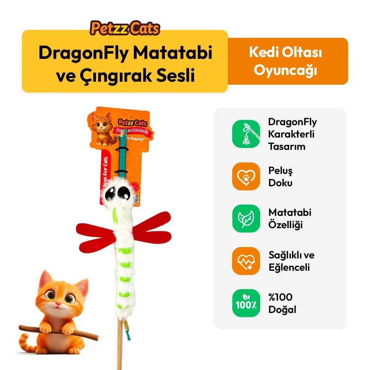 PetzzCats DragonFly Matatabi ve Çıngırak Sesli Kedi Oltası Oyuncağı Beyaz 42 Cm