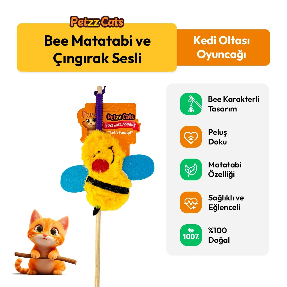PetzzCats Bee Matatabi ve Çıngırak Sesli Kedi Oltası Oyuncağı Sarı 42 Cm