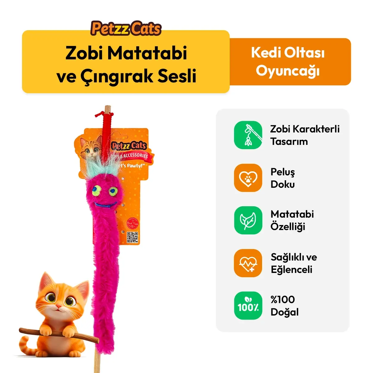 PetzzCats Zobi Matatabi ve Çıngırak Sesli Kedi Oltası Oyuncağı Pembe 42 Cm