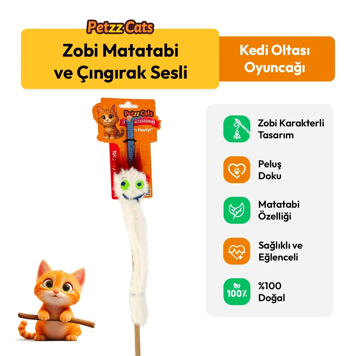 PetzzCats Zobi Matatabi ve Çıngırak Sesli Kedi Oltası Oyuncağı Beyaz 42 Cm