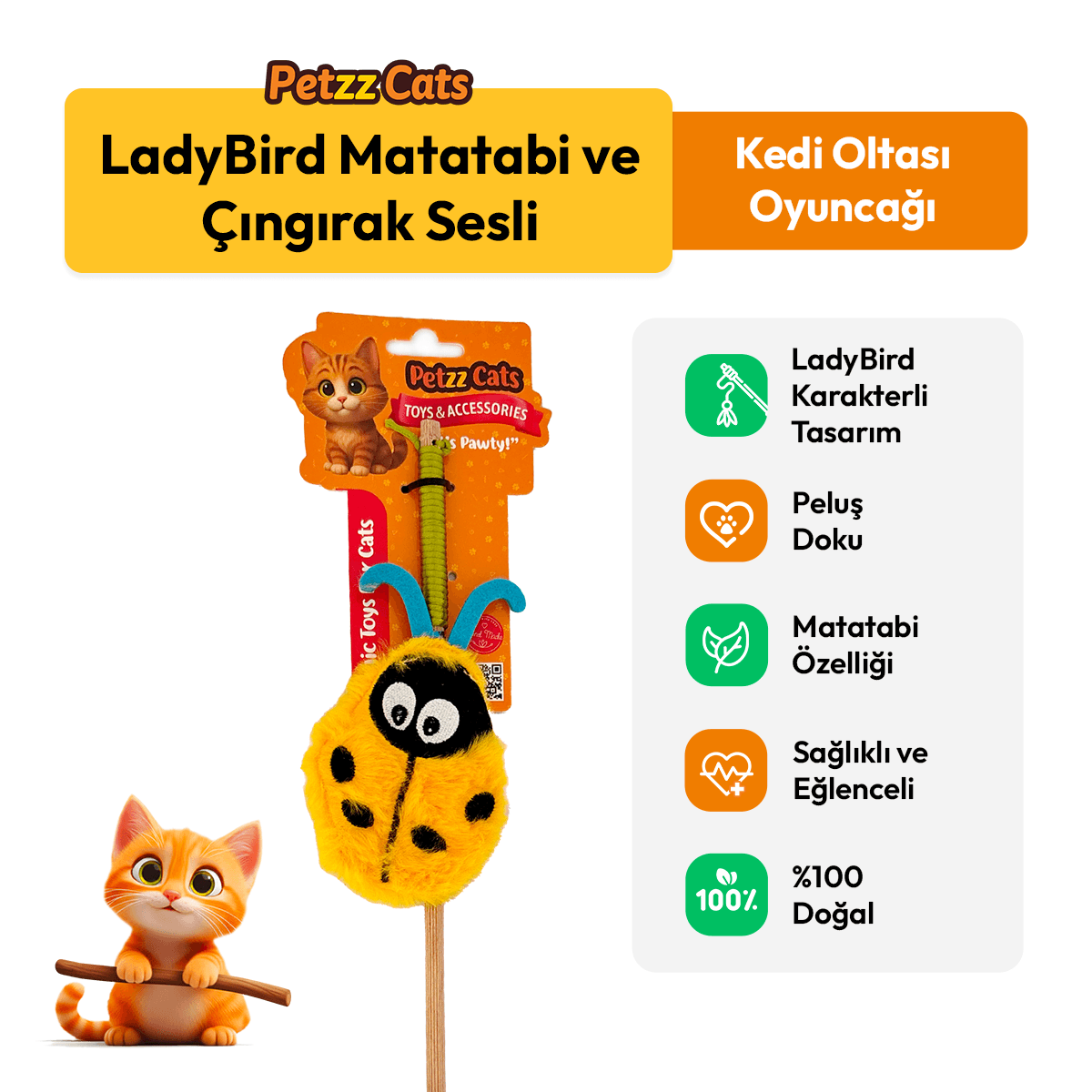 PetzzCats LadyBird Matatabi ve Çıngırak Sesli Kedi Oltası Oyuncağı Mavi/Sarı 42 Cm