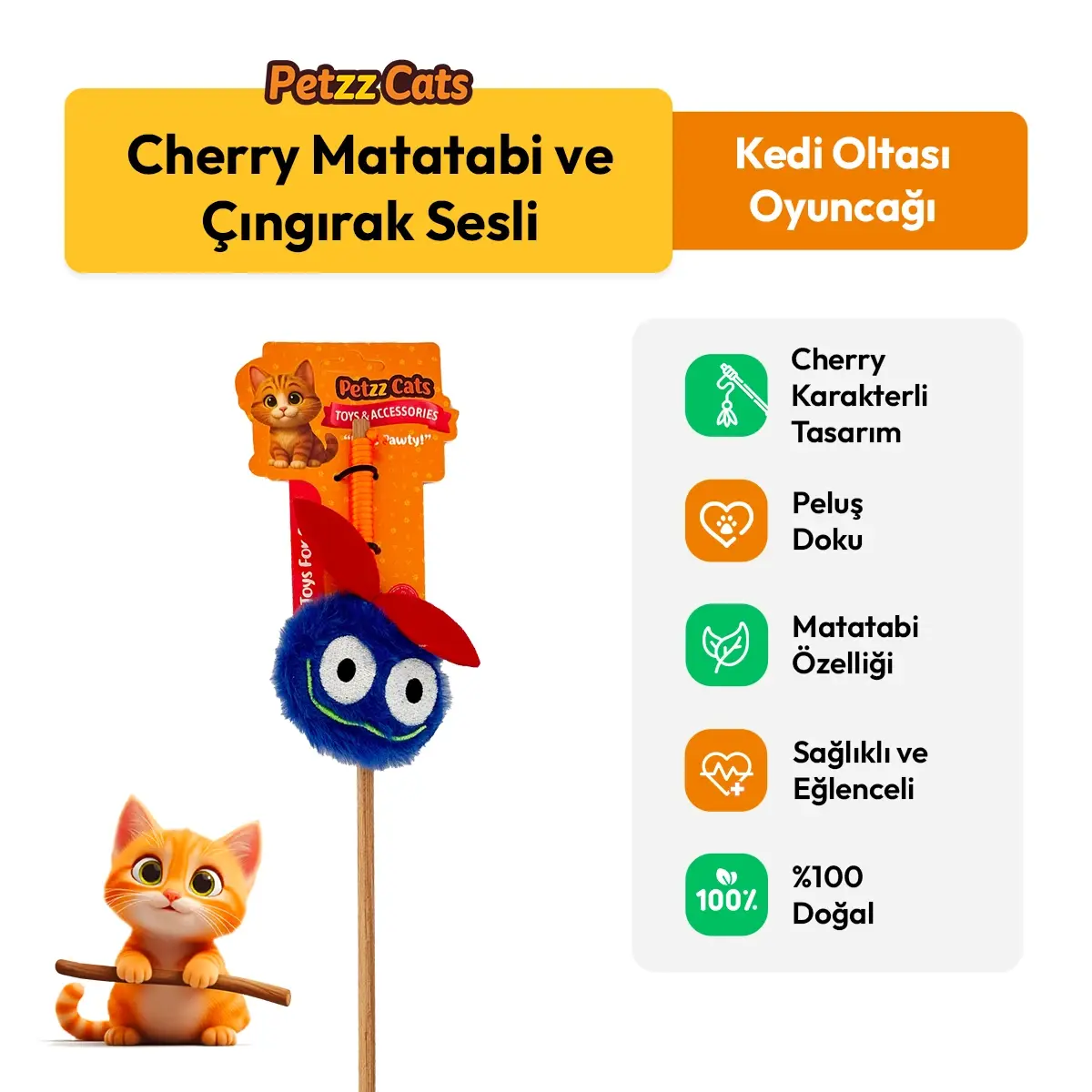 PetzzCats Cherry Matatabi ve Çıngırak Sesli Kedi Oltası Oyuncağı Mavi 42 Cm
