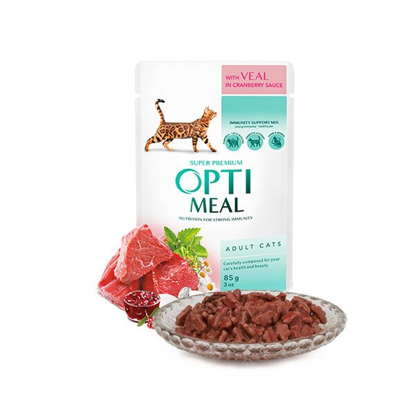 Optimeal Soslu Dana Etli ve Kızılcıklı Konserve Yetişkin Kedi Maması 85 Gr