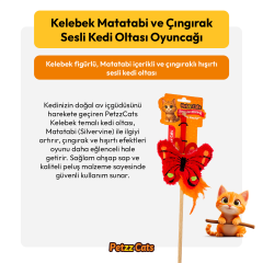 PetzzCats Kelebek Matatabi ve Çıngırak Sesli Kedi Oltası Oyuncağı Kırmızı 42 Cm
