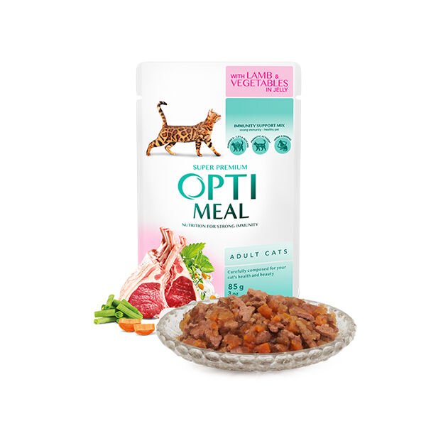 Optimeal Jöleli Kuzu Etli ve Sebzeli Konserve Yetişkin Kedi Maması 85 Gr