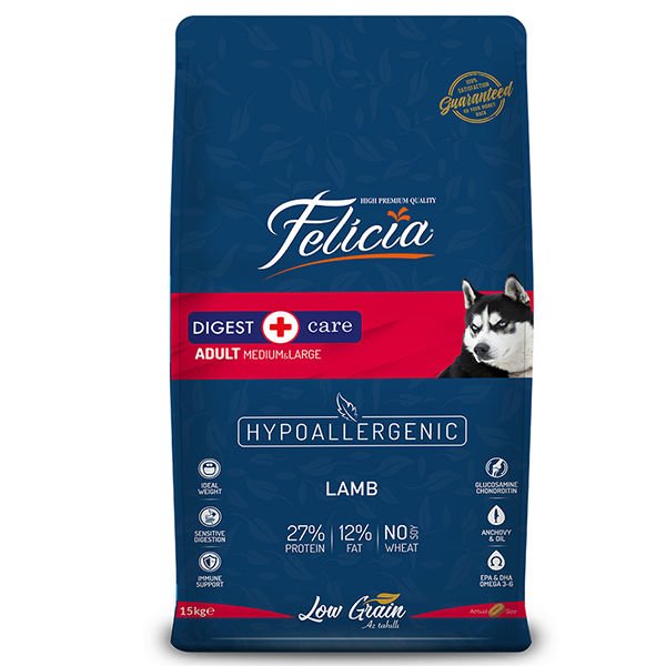 Felicia Düşük Tahıllı Hipoalerjenik Kuzu Etli Orta ve Büyük Irk Yetişkin Köpek Maması 15 Kg