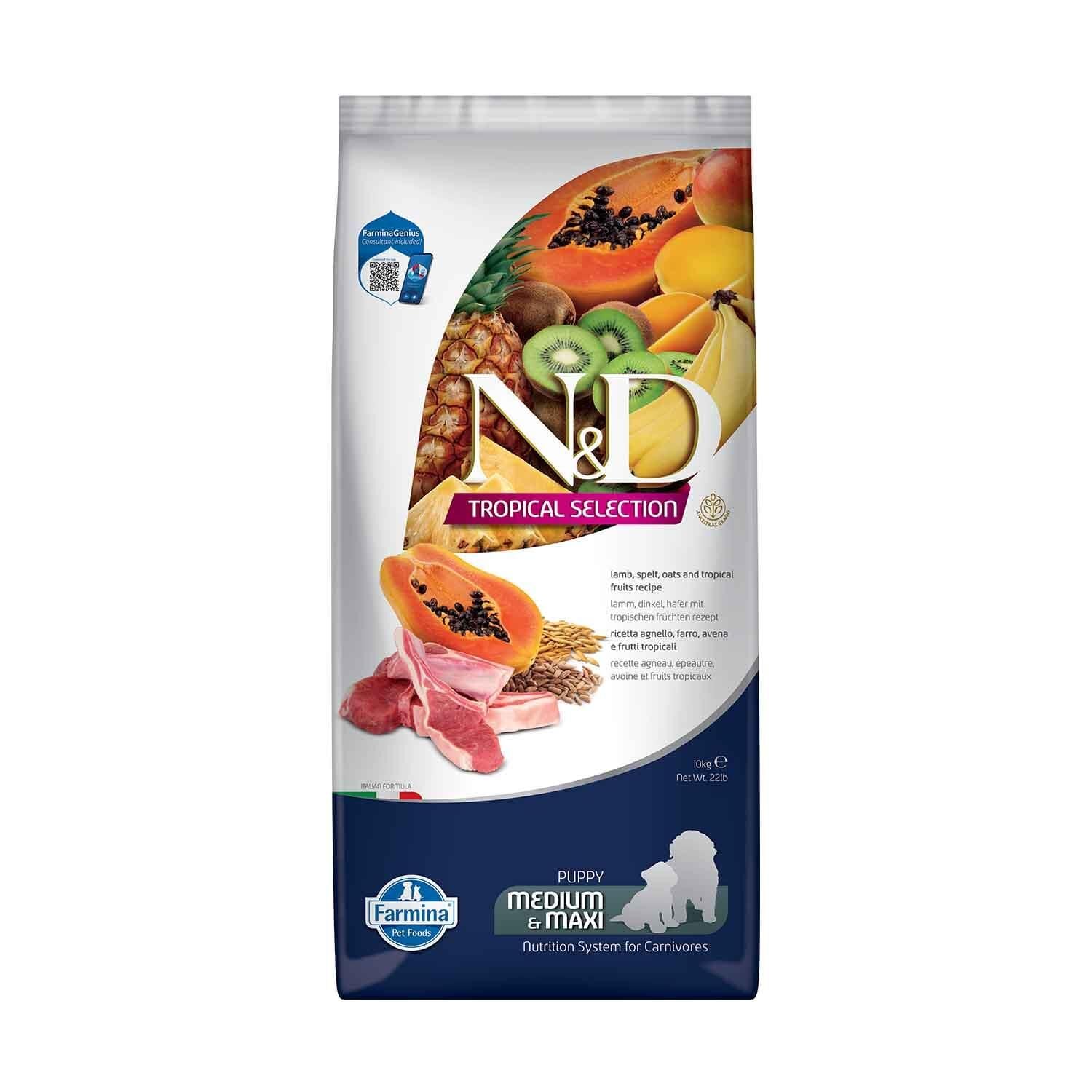 N&D Tropical Selection Düşük Tahıllı Kuzu Etli ve Tropikal Meyveli Orta ve Büyük Irk Yavru Köpek Maması 10 kg
