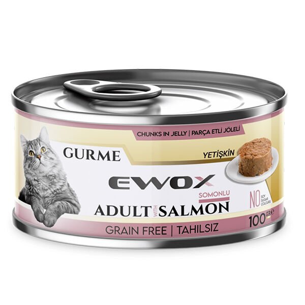 Ewox Gurme Somonlu Parça Etli Tahılsız Yetişkin Kedi Konservesi 100 Gr