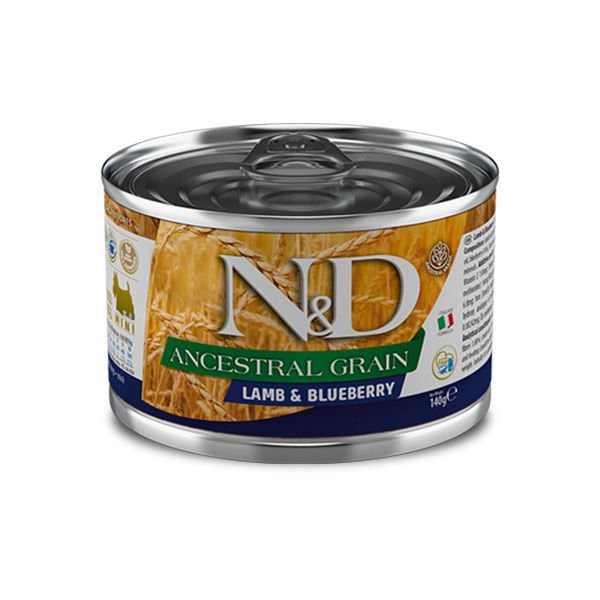 N&D Ancestral Grain Tahılsız Kuzu Etli ve Yaban Mersinli Mini Irk Konserve Yaş Köpek Maması 140 Gr
