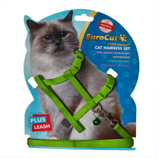 Eurocat Düz Yeşil Takım Kedi Göğüs Tasması 27.5x37.5x120 Cm