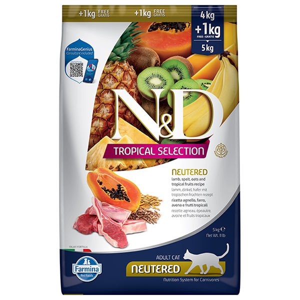 N&D Tropical Selection Kuzu Etli ve Tropikal Meyveli Kısırlaştırılmış Kedi Maması 4 Kg+1  Kg Hediyeli