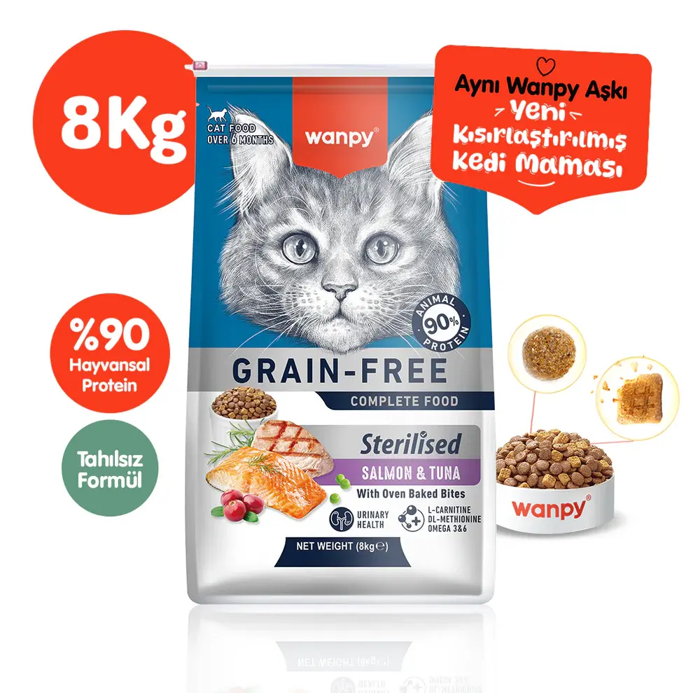 Wanpy Somonlu ve Ton Balıklı Tahılsız Kısırlaştırılmış Kedi Maması 8 Kg