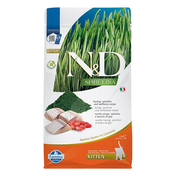 N&D Spirulina Ringa Balıklı ve Kurt Üzümlü Tahılsız Yavru Kedi Maması 1.5 Kg