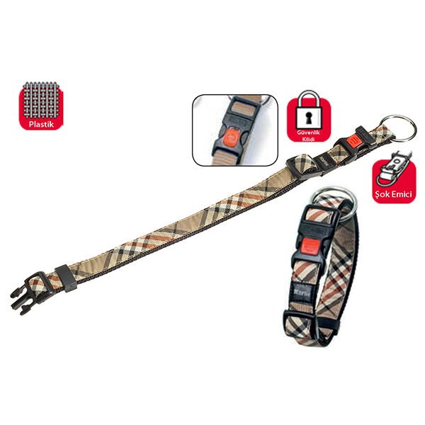 Karlie Kilitli Köpek Boyun Tasması Medium Ekose Bej 25 Mm 40-55 Cm